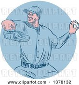 Vector Clip Art of Retro Sketched or Engraved White Male Baseball Player Pitching in a Blue Circle by Patrimonio