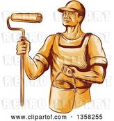 Vector Clip Art of Retro Sketched Orange Male House Painter Holding a Roller Brush and Bucket by Patrimonio