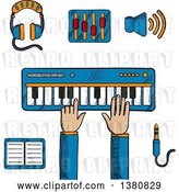Vector Clip Art of Retro Sketched Person Playing an Electronic Keyboard, Earphones and Volume Sliders, Megaphone, Tablet or MP3 Player and a Sound Jack or Plug by Vector Tradition SM