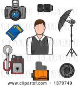 Vector Clip Art of Retro Sketched Photographer and Accessories by Vector Tradition SM