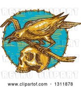 Vector Clip Art of Retro Sketched Raven with a Crow Bar on Top of a Skull in a Barbed Wire Circle by Patrimonio