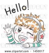 Vector Clip Art of Retro Sketched Red Haired White Boy Waving and Wearing Headphones Under Hello Text by BNP Design Studio