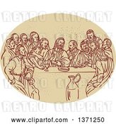 Vector Clip Art of Retro Sketched Scene of the Last Supper with Jesus and the Apostles in an Oval by Patrimonio