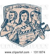Vector Clip Art of Retro Sketched Shield with Film Crew Workers by Patrimonio