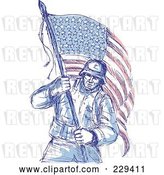 Vector Clip Art of Retro Sketched Soldier Carrying an American Flag by Patrimonio