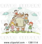Vector Clip Art of Retro Sketched Steampunk Robot and Stick Children Outdoors by BNP Design Studio