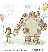 Vector Clip Art of Retro Sketched Steampunk Robot and Stick Girl Holding Balloons by BNP Design Studio