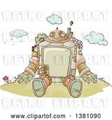 Vector Clip Art of Retro Sketched Steampunk Robot Sitting Outdoors by BNP Design Studio