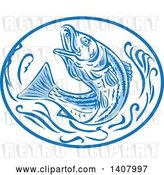 Vector Clip Art of Retro Sketched Striped Bass Rockfish Jumping in a Blue and White Oval by Patrimonio