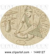Vector Clip Art of Retro Sketched Styled Medieval Baker Kneading Dough in a Kitchen by Patrimonio
