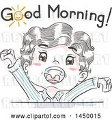 Vector Clip Art of Retro Sketched White Boy Stretching and Shouting Good Morning by BNP Design Studio