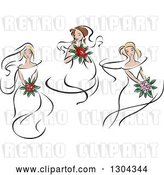 Vector Clip Art of Retro Sketched White Brides with Bouquets of Flowers by Vector Tradition SM