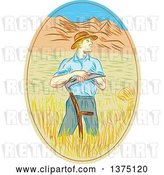 Vector Clip Art of Retro Sketched White Male Wheat Farmer Leaning on a Scythe in a Field Within an Oval by Patrimonio