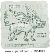 Vector Clip Art of Retro Sketched Winged Wild Boar with Manuscript Cypher Text Code by Patrimonio