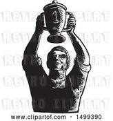 Vector Clip Art of Retro Sketched Worker Holding up Championship Trophy Cup by Patrimonio