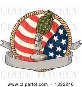 Vector Clip Art of Retro Sketched World War Two Grenade Mounted on a Microphone Stand over a Blank Banner, American Flag and Rope by Patrimonio