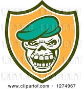 Vector Clip Art of Retro Skull Wearing a Beret Hat in a Green White and Orange Shield by Patrimonio