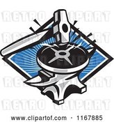 Vector Clip Art of Retro Sledgehammer Stricking a Plate Weight on an Anvil over a Blue Ray Diamond by Patrimonio