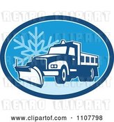 Vector Clip Art of Retro Snow Plow Truck on a Road in a Blue Oval with a Snowflake by Patrimonio
