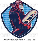Vector Clip Art of Retro Snowboarder in a Blue Diamond Patterned Crest Shield by Patrimonio