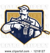 Vector Clip Art of Retro Soldier Holding an Assault Rifle in a Shield by Patrimonio