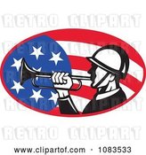 Vector Clip Art of Retro Soldier Playing a Bugle over an American Flag by Patrimonio