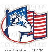Vector Clip Art of Retro Soldier Saluting in an Oval with an American Flag by Patrimonio