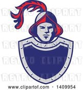 Vector Clip Art of Retro Spanish Conquistador Head with a Plume over a Gray and Blue Shield by Patrimonio