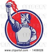 Vector Clip Art of Retro Spanish Conquistador Holding up a Torch, Emerging from a Blue White and Red Circle by Patrimonio