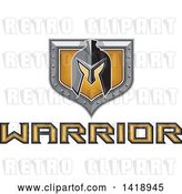 Vector Clip Art of Retro Spartan Helmet over a Silver and Gold Shield and Warrior Text by Patrimonio