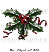 Vector Clip Art of Retro Sprig of Christmas Holly with Red Berries and Curly Ribbons by AtStockIllustration