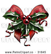Vector Clip Art of Retro Sprig of Christmas Holly with Red Berries and Curly Ribbons over a Bow by AtStockIllustration