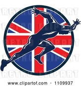Vector Clip Art of Retro Sprinter Running over a British Union Jack Flag Circle by Patrimonio