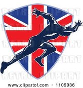 Vector Clip Art of Retro Sprinter Running over a British Union Jack Flag Shield by Patrimonio