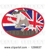 Vector Clip Art of Retro Sprinting Track and Field Athlete in a Union Jack Flag Oval by Patrimonio