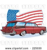 Vector Clip Art of Retro Station Wagon and Wavy American Flag Logo by Patrimonio