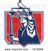 Vector Clip Art of Retro Statue of Liberty Holding Justice Scales and a Sword in a Red Shield by Patrimonio