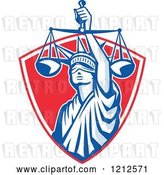 Vector Clip Art of Retro Statue of Liberty Holding Justice Scales in a Red Shield by Patrimonio