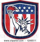 Vector Clip Art of Retro Statue of Liberty Holding up a Torch in an American Flag Shield by Patrimonio