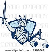 Vector Clip Art of Retro Statue of Liberty Lady Justice with a Sword and Scales, Emerging from a Blue Ray Shield by Patrimonio