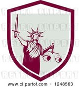 Vector Clip Art of Retro Statue of Liberty with a Sword and Scales in a Shield by Patrimonio