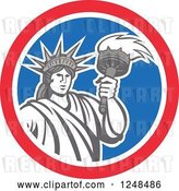 Vector Clip Art of Retro Statue of Liberty with a Torch in a Red White and Blue Circle by Patrimonio