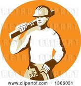 Vector Clip Art of Retro Stencil Styled Construction Worker Builder Carrying a Spirit Level on His Shoulder in an Orange Circle by Patrimonio