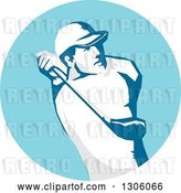 Vector Clip Art of Retro Stencil Styled Male Golfer Swinging in a Blue Circle by Patrimonio