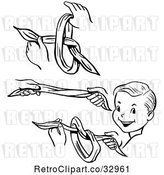 Vector Clip Art of Retro Steps of a Boy Performing a Vanishing Knot Magic Trick by Picsburg
