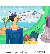 Vector Clip Art of Retro Stewardess with Documents and Luggage Under a Plane by BNP Design Studio