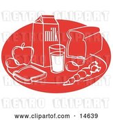 Vector Clip Art of Retro Still Life of Food Including Eggs, Apple, Carton of Milk, Glass of Milk, Sliced Bread, and a Carrot by Andy Nortnik