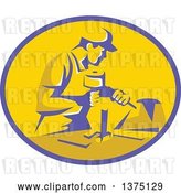 Vector Clip Art of Retro Stonemason Worker Using a Mallet and Chisel to Carve Marble in a Purple and Yellow Oval by Patrimonio