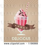 Vector Clip Art of Retro Strawberry Milkshake with Stars Rays a Banner and Delicious Text by Eugene