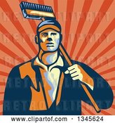 Vector Clip Art of Retro Street Cleaner Guy with a Broom over Rays by Patrimonio